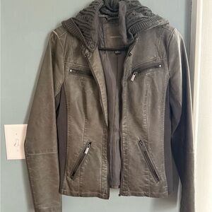 Maurices Women's Gray Leather Jacket with Knit Hood